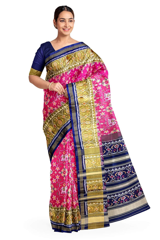 Handwoven Patola pure silk saree in pink  with elephant motifs & navratan pattern on the body