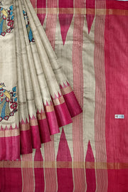 Hand painted pen kalamkari applique work on  tussar pure silk saree in  beige .