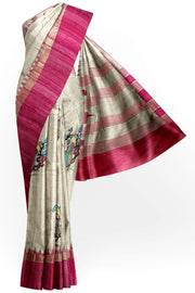 Hand painted pen kalamkari applique work on  tussar pure silk saree in  beige .