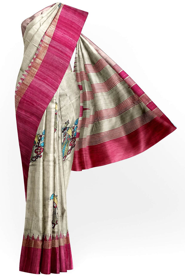 Hand painted pen kalamkari applique work on  tussar pure silk saree in  beige .