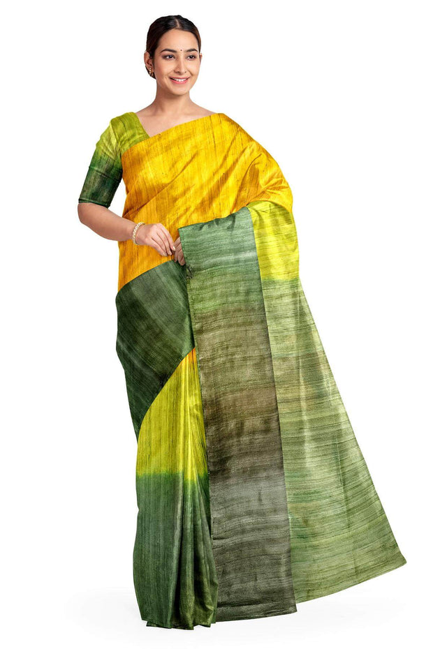 Handwoven desi tussar pure silk saree in  yellow & green ombre colour.