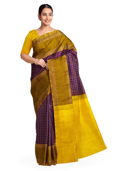 Handloom Uppada pure silk saree in fine checks in purple