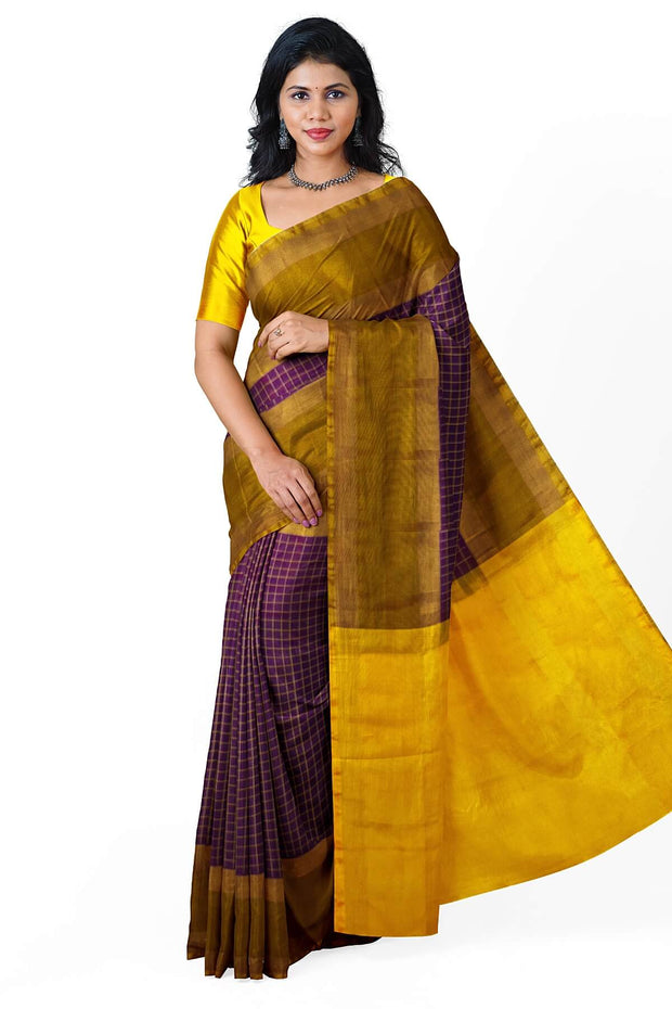 Handloom Uppada pure silk saree in fine checks in purple and a contrast pallu in yellow