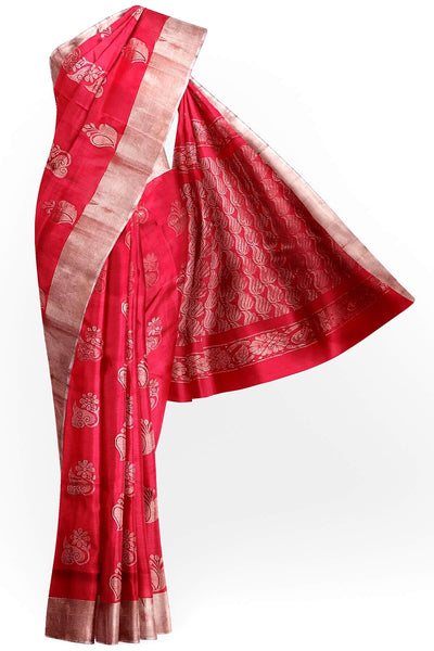 Handwoven Uppada pure silk saree in red with  floral motifs .