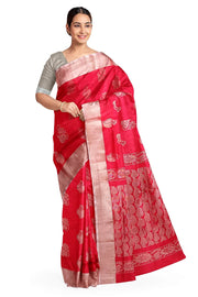 Handwoven Uppada pure silk saree in red with  floral motifs .