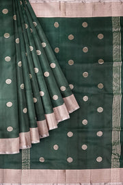 Handwoven Uppada pure silk saree in bottle green  with round motifs