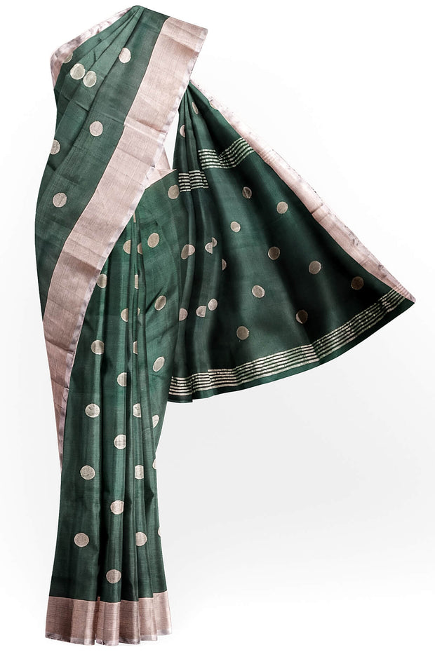 Handwoven Uppada pure silk saree in bottle green  with round motifs