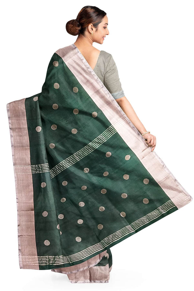 Handwoven Uppada pure silk saree in bottle green  with round motifs