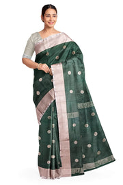 Handwoven Uppada pure silk saree in bottle green  with round motifs