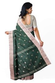 Handwoven Uppada pure silk saree in bottle green  with round motifs