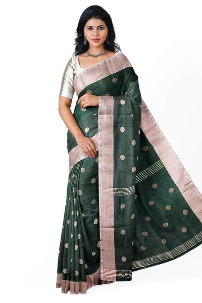 Handwoven Uppada pure silk saree in bottle green  with round motifs