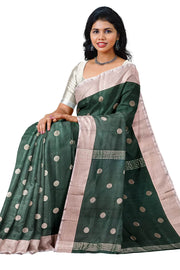 Handwoven Uppada pure silk saree in bottle green  with round motifs