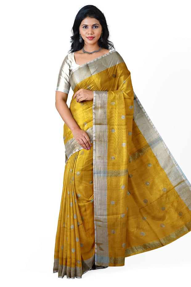 Handwoven Uppada pure silk saree in yellow  with round motifs