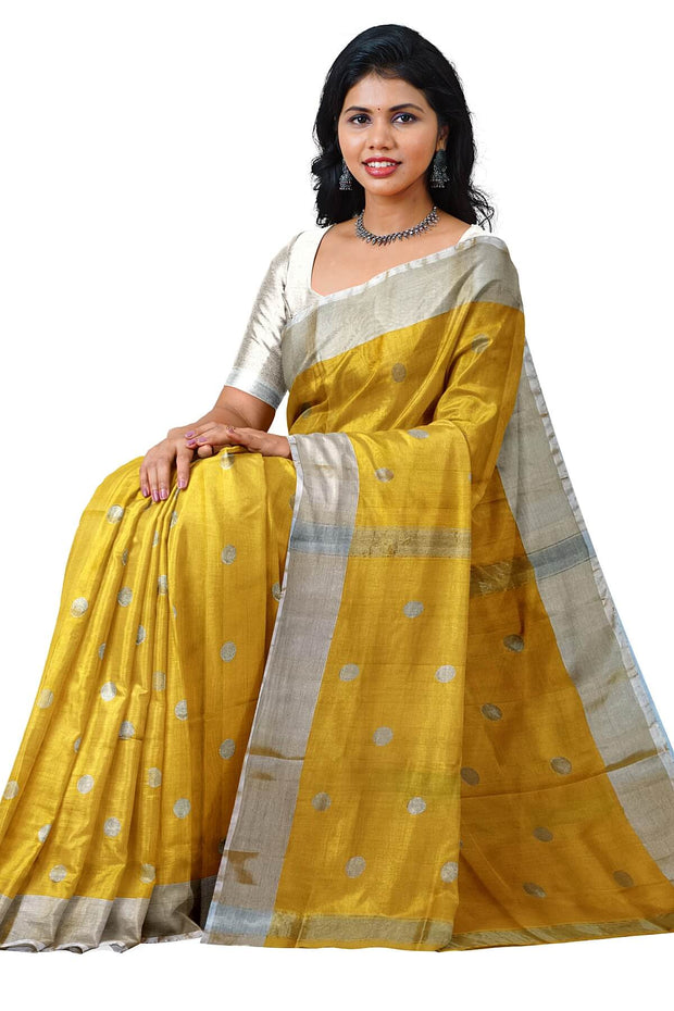 Handwoven Uppada pure silk saree in yellow  with round motifs