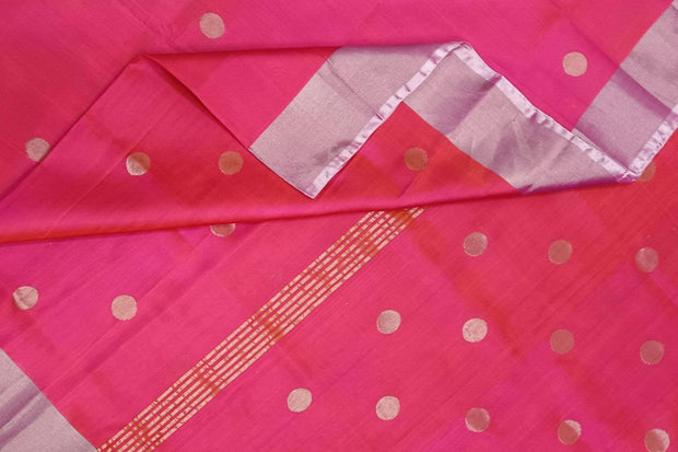 Handwoven Uppada pure silk saree in  orangish pink  with round motifs.