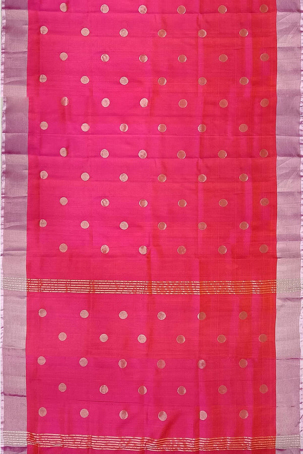 Handwoven Uppada pure silk saree in  orangish pink  with round motifs.