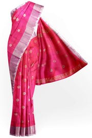 Handwoven Uppada pure silk saree in  orangish pink  with round motifs.