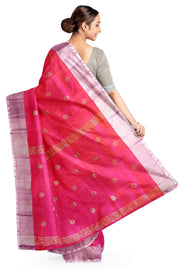 Handwoven Uppada pure silk saree in  orangish pink  with round motifs.