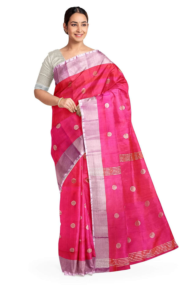 Handwoven Uppada pure silk saree in  orangish pink  with round motifs.