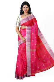 Handwoven Uppada pure silk saree in  orangish pink  with round motifs.