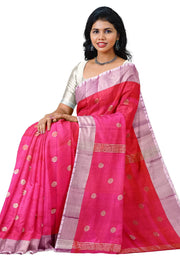 Handwoven Uppada pure silk saree in  orangish pink  with round motifs.