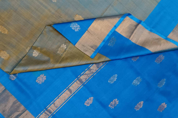 Handwoven Uppada pure silk saree in double shaded blue  with gold & silver motifs