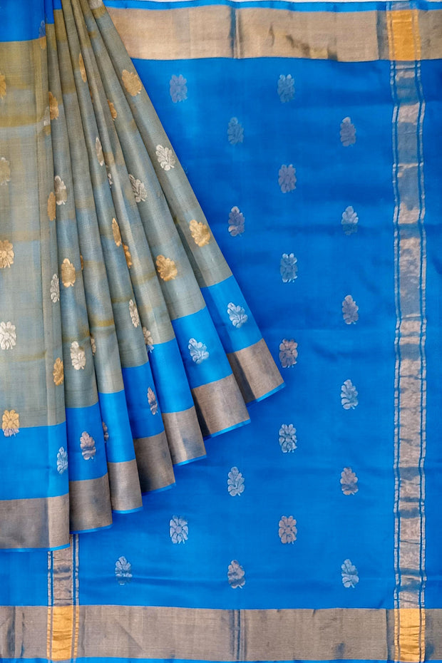 Handwoven Uppada pure silk saree in double shaded blue  with gold & silver motifs