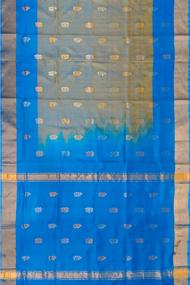 Handwoven Uppada pure silk saree in double shaded blue  with gold & silver motifs