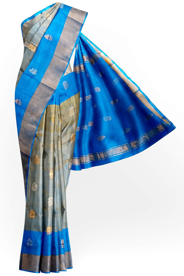 Handwoven Uppada pure silk saree in double shaded blue  with gold & silver motifs