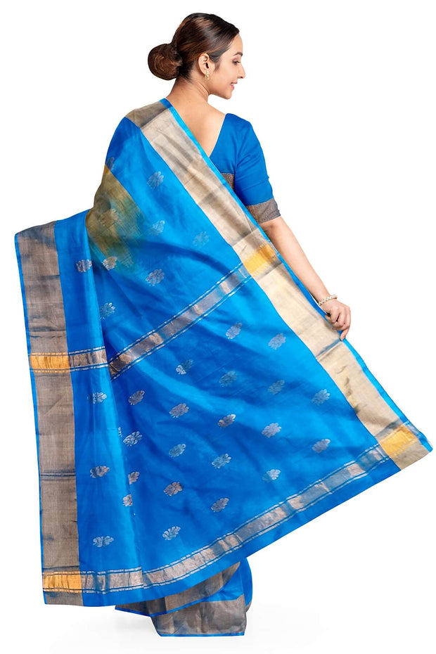 Handwoven Uppada pure silk saree in double shaded blue  with gold & silver motifs