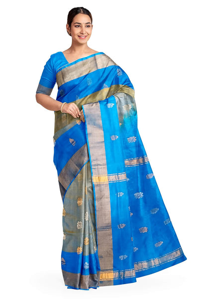 Handwoven Uppada pure silk saree in double shaded blue  with gold & silver motifs