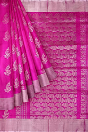 Handwoven Uppada pure silk saree in rani pink with floral motifs.