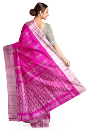 Handwoven Uppada pure silk saree in rani pink with floral motifs.