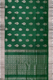 Handwoven Uppada pure silk saree in bottle green with floral motifs