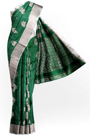 Handwoven Uppada pure silk saree in bottle green with floral motifs