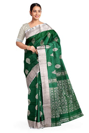 Handwoven Uppada pure silk saree in bottle green with floral motifs