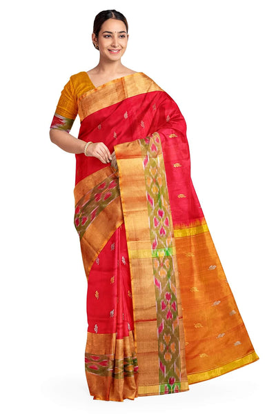 Handwoven Uppada pure silk saree in red with Pochampally border