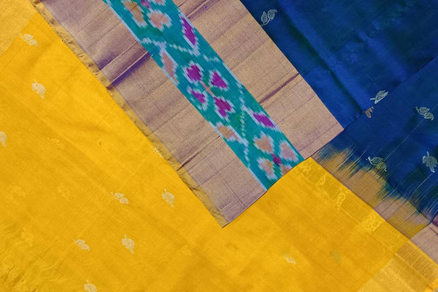 Handwoven Uppada pure silk saree in peacock blue with Pochampally border