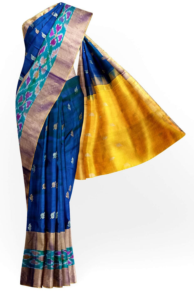 Handwoven Uppada pure silk saree in peacock blue with Pochampally border