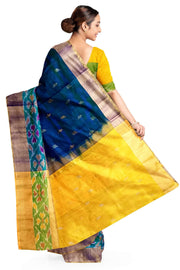 Handwoven Uppada pure silk saree in peacock blue with Pochampally border