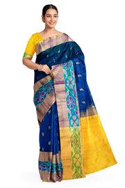 Handwoven Uppada pure silk saree in peacock blue with Pochampally border