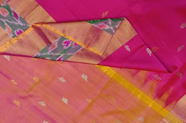 Handwoven Uppada pure silk saree in pink with Pochampally border.