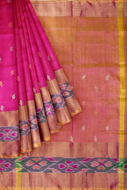 Handwoven Uppada pure silk saree in pink with Pochampally border.