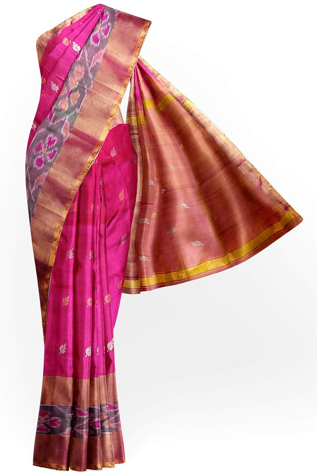 Handwoven Uppada pure silk saree in pink with Pochampally border.