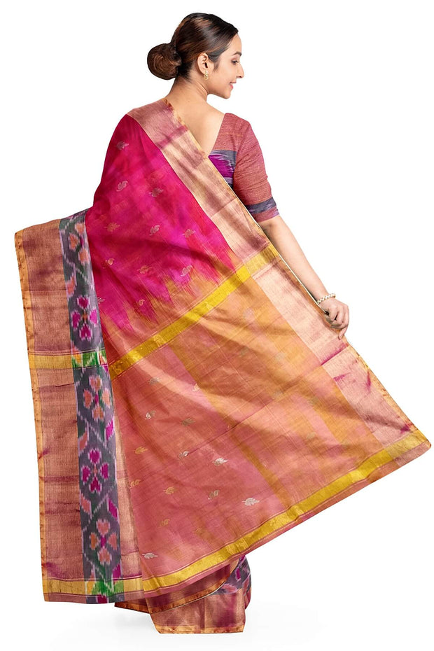 Handwoven Uppada pure silk saree in pink with Pochampally border.