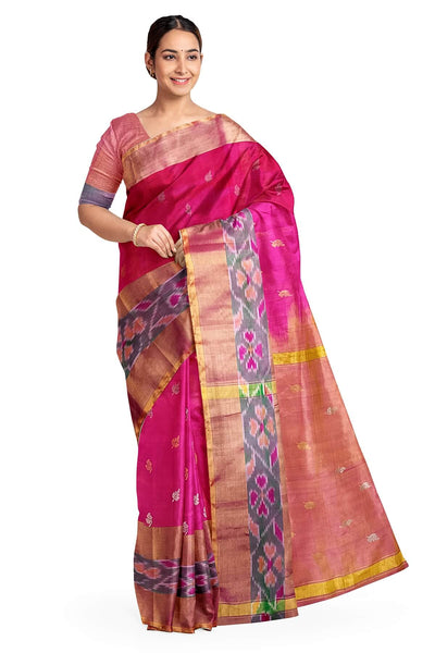 Handwoven Uppada pure silk saree in pink with Pochampally border.