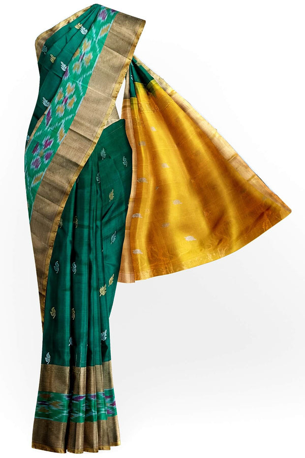 Handwoven Uppada pure silk saree in bottle green with Pochampally border.