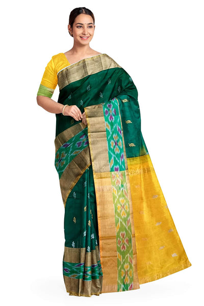 Handwoven Uppada pure silk saree in bottle green with Pochampally border.