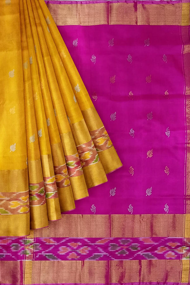 Handwoven Uppada pure silk saree in yellow with Pochampally border.