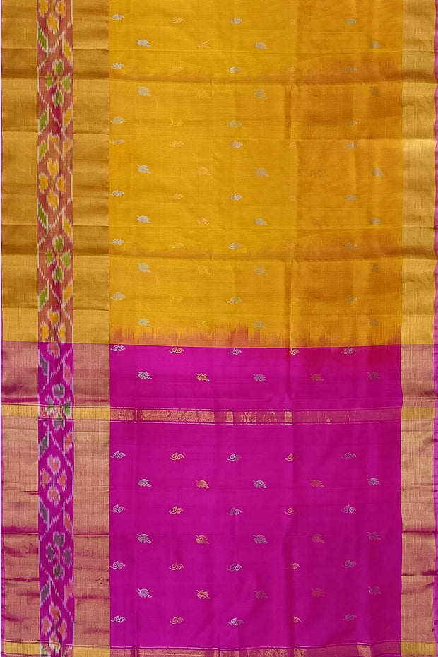 Handwoven Uppada pure silk saree in yellow with Pochampally border.